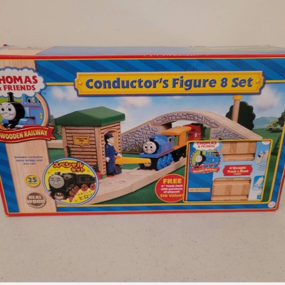 Thomas Wooden Railway Rare Metallic Hiro Conductor Figure 8 Set New in Box